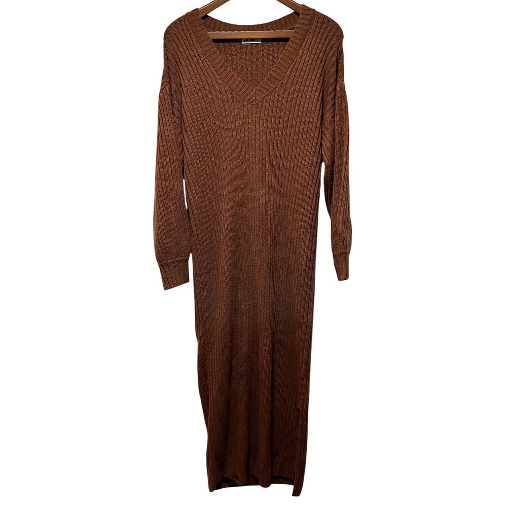 in loom women's sweater dress size M brown v-neck acrylic knit long sleeve